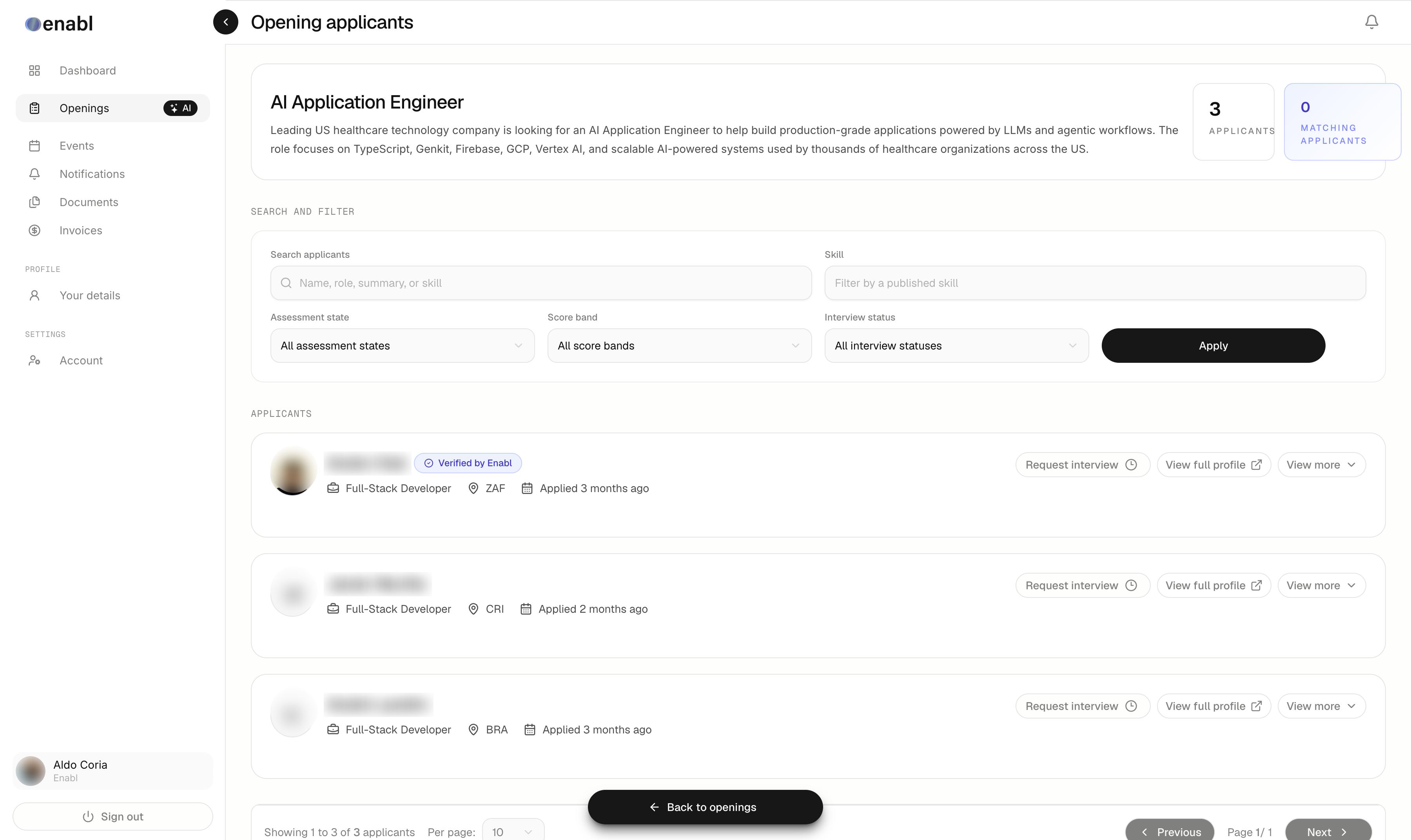 The Enabl company workspace listing applicants for an AI Application Engineer opening, with filters for assessment state, score band and interview status