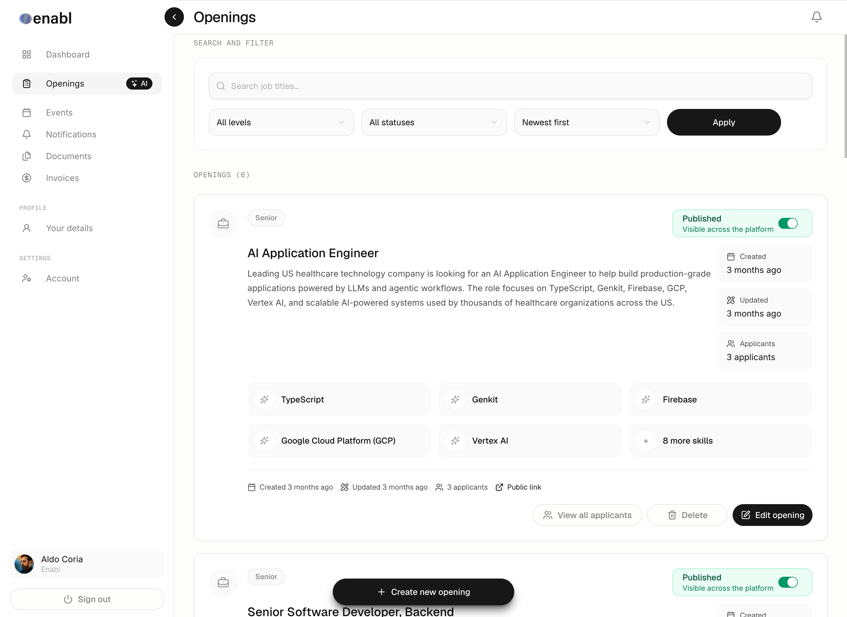 The Enabl platform showing a job opening with AI-extracted skills, applicant counts and publication status