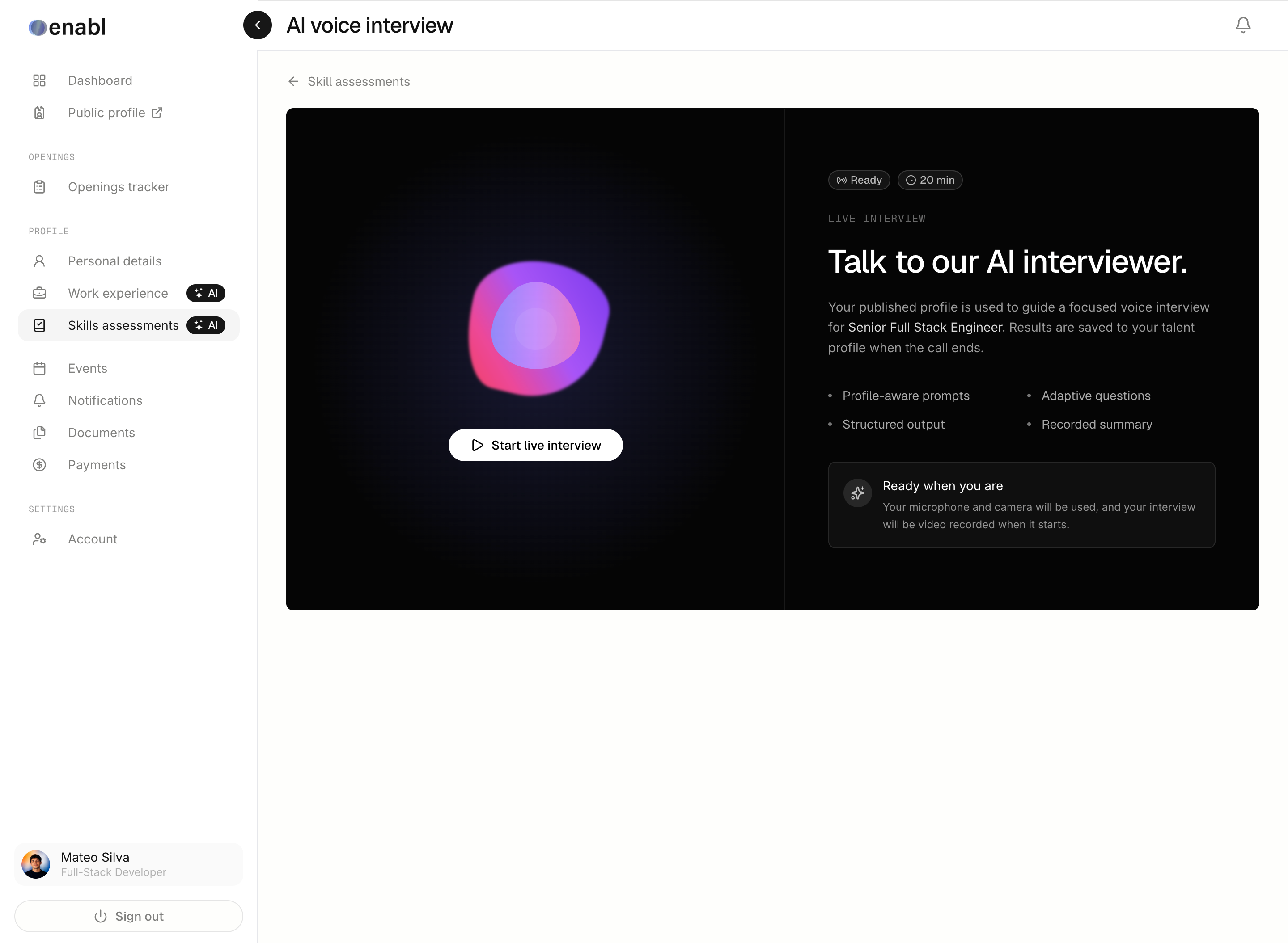 The Enabl AI voice interview screen: a live 20-minute interview ready to start, guided by the candidate's published Senior Full Stack Engineer profile
